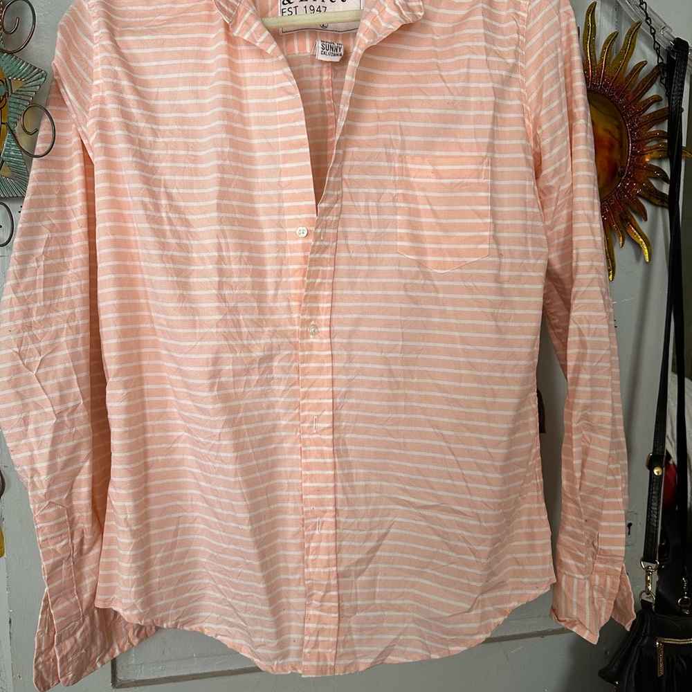Frank & Eileen Barry Orange & White Striped Button-Up Shirt Woven in Italy large